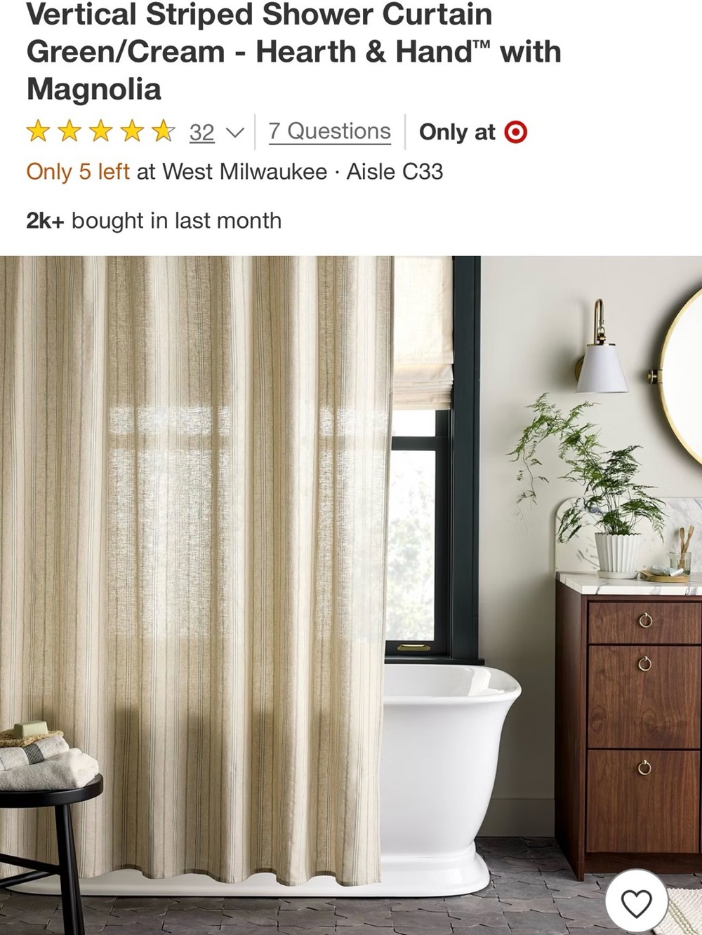 Hearth & Hand Vertical Stripe Shower Curtain in Cream and Green